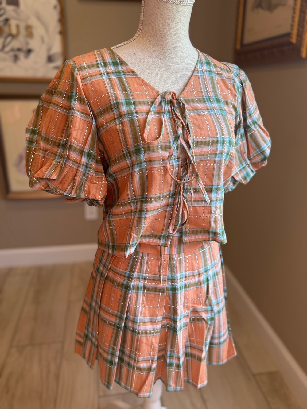 New! QUEEN OF SPARKLES Multicolor Plaid and Rhinestone Two-Piece Skirt Set